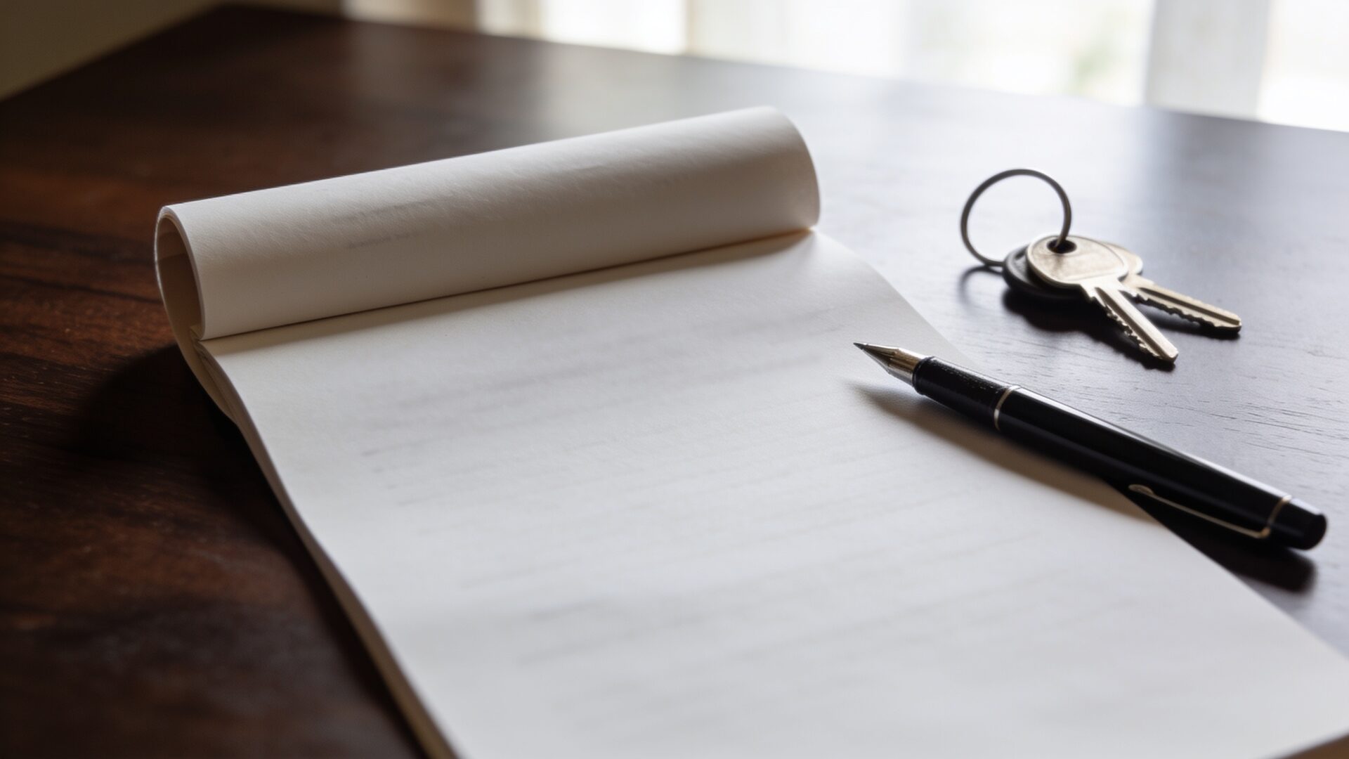 Fountain pen, keys and a notepad on a dark wooden desk