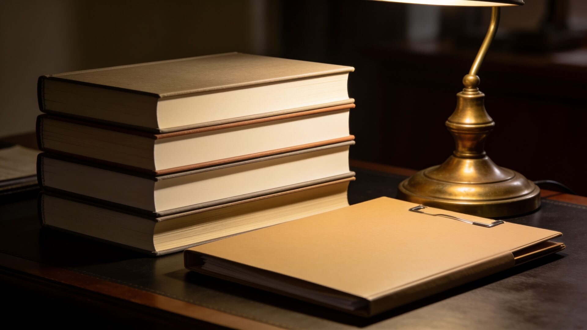 Bound law books, a document folder and a brass desk lamp