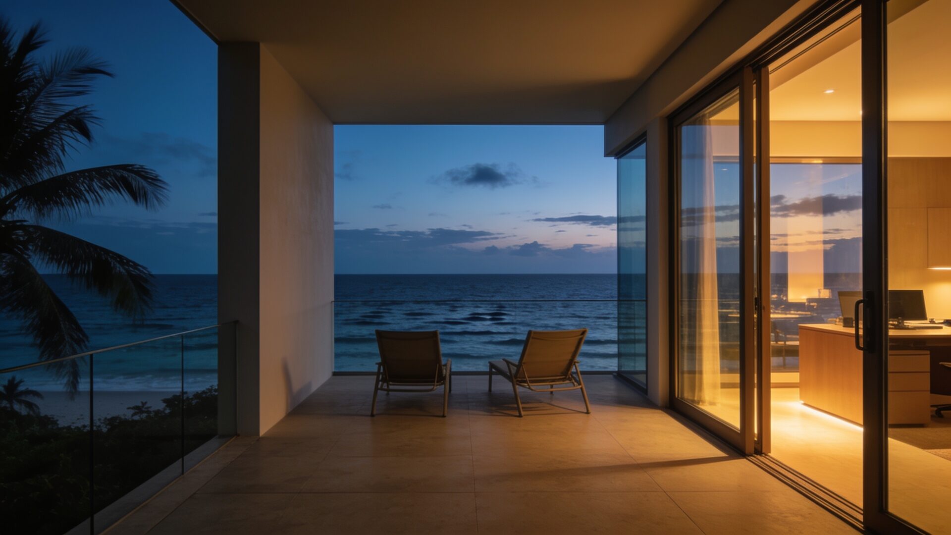 Villa terrace overlooking the sea at dusk