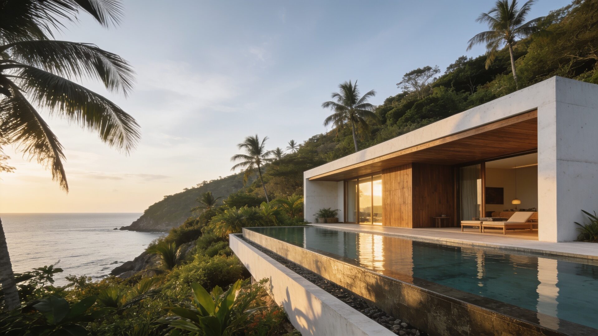 Pool villa above the sea on Koh Samui at sunset